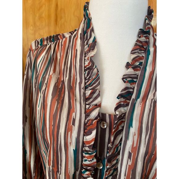 Vtg Retro‎ Teddie of Cali Frill V-Neck Button Blouse Abstract Stripe Lrg 16 - Picture 2 of 13